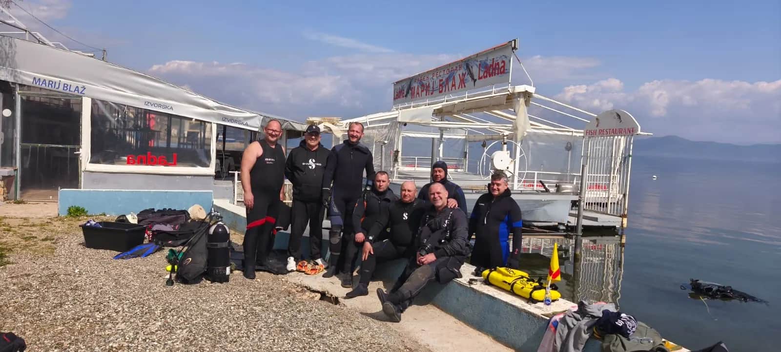 Group photo of the Amphibia team in front of the Marija Blaž — Ladna restaurant at Lake Ohrid